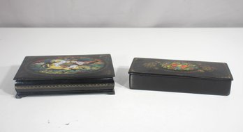 Pair Of Hand-Painted Russian Lacquer Boxes  7'x3' & 7'x5'  Floral & Mythological Scenes