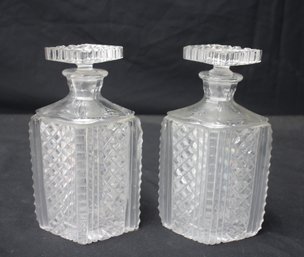 'Pair Of Vintage Cut Glass Decanters With Square Stoppers - 9 H'
