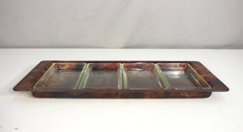 Mid-Century Modern Tortoise Shell Style  Lucite Tray With 5 Removable Glass Inserts  17.5 X 8.5