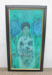Large Signed Original Painting  Modern Figurative Female Portrait Teal Tones 54.5' X 30'