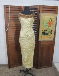 Vintage Gold Brocade Evening Gown  Small  Faux Fur Trim  Strapless Style