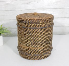 Woven Rattan Storage Basket W/ Lid  Round Lidded Container  Boho Decor  10.5 X 9