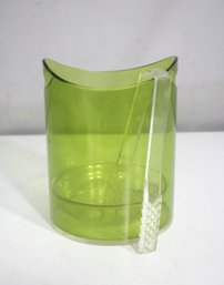 Mid-Century Modern Green Glass Ice Bucket With Tongs  7.5h X 6 Round