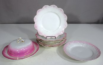 Vintage Pink & White Porcelain Dish Set  Scalloped Edges & Covered Butter Dish