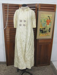 Vintage Ivory Brocade Gown With Matching Jacket  Small  High Neck  Beaded  Buttons