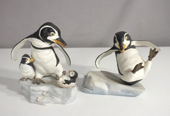 Franklin Mint Hand-Painted Porcelain Penguin Figurines  'Whoops!' & 'Wow!'  5.5' & 6.5'