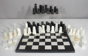 Carved Stone Chess Set With Board  Black & White Onyx, Incomplete/As-Is
