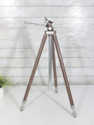 Vintage Quad Camera Tripod W/ Adjustable Head  Metal & Wood Tone Legs  Photography Stand