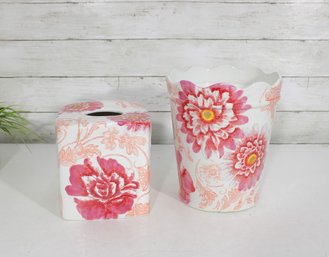 Floral Porcelain Wastebasket & Tissue Box Cover Set  Pink Flower Bathroom Dcor