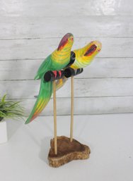 Hand Carved Wooden Parrot Sculpture  Colorful Tropical Birds On Stand  14' Tall