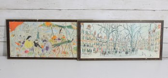 Pair Of Vintage European Street Scene Prints  Paris Market & Luxembourg Scene 8.5' X 17'