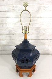 Vintage Blue Ceramic Lattice Table Lamp  Asian Style With Wood Base  28' Tall