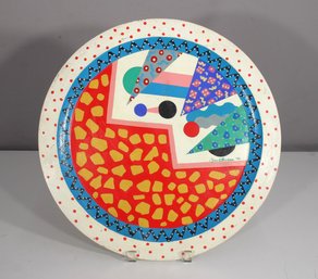 Joan Landau Signed Painted Wood Plate  Memphis Style, 16 Round (1992)