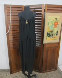 Vintage Black Chiffon Evening Gown  Small  Gold Tassel Accent  Layered Skirt