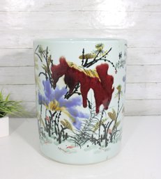 Asian Style Ceramic Planter / Fish Bowl  Hand Painted Floral & Animal Motif  6 X 12' Round