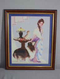 Framed Vintage Needlepoint Princess And 2 Pets