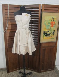 Vintage White Strapless Cocktail Dress  Medium  Double Heart Brooch  High-Low Skirt