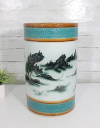 Large Asian Landscape Ceramic Umbrella Stand / Floor Vase  Hand Painted  17.5 X 10' Round