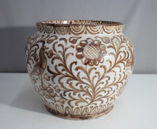 'Hand-Painted Ceramic Pot With Floral And Vine Motif - 12.5 H X 14 Diameter'