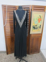 Vintage Black Evening Gown  Small  Gold Beaded Chevron Design  Long Sleeve  Recommend Cleaning