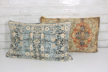 Set Of 2 Decorative Throw Pillows  Boho Medallion Pattern  Blue & Multicolor  24 X 14