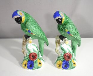 Vintage Italian Majolica Parrot Figurines  Hand-Painted Ceramic Macaws  11H (Pair)