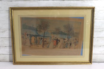 Vintage European Garden Illustration  Framed Period Scene- 22' H X 30' W
