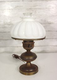 Vintage Brass Table Lamp With Milk Glass Shade  Ruffled Edge Globe  18' Tall