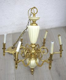 Brass And Porcelain 6 Candle Chandelier