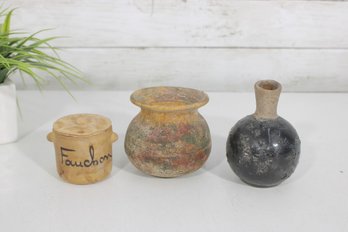 Vintage Studio Pottery Lot  Fauchon Sauge Jar W/ Lid, Art Pottery Vase & Bottle