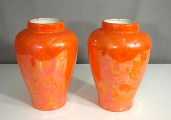 Pair Of Vintage Hand-Glazed Orange Luster Vases  11H  No Lids