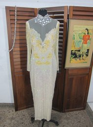 Vintage Gold Beaded Illusion Gown W/ Dramatic Crystal Collar  Size Small