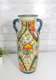 Large Talavera Double Handled Floor Vase  Hand Painted Mexican Pottery  18.5' Tall