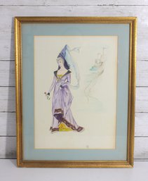 Signed MVK Framed Figurative Artwork Elegant Lady In Purple Dress 19' X 15'