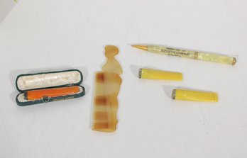 Vintage Bakelite & Celluloid Vanity Lot  Figural Comb, Pen,  Mouthpiece / Cigarette Holder Case & More