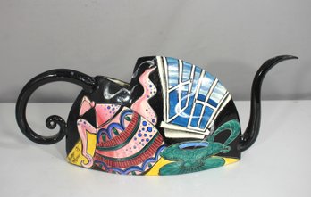 Whimsical Hand-Painted Ceramic Teapot Sculpture  Campout 95 By T. Hudson, 7.5H X 18.5W