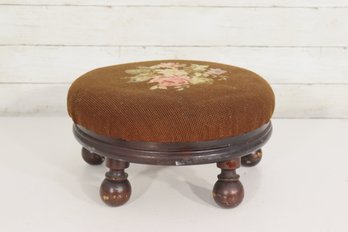 Antique Round Needlepoint Footstool  Floral Design On Mahogany Base  7'H X 13' Round