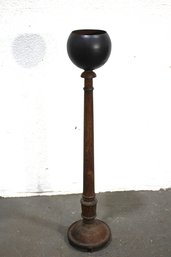 Antique Wooden Stand With Metal Bowl  Rustic Decorative Accent