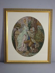 Vintage Petit Point Needlepoint Watteau Style Courtly Man & Woman Scene