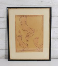 Signed J. Protas Framed Nude Figure Drawing Mid-Century Style Sketch 16.5' X 13'