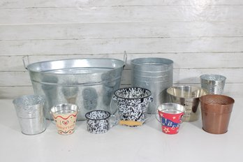 Lot Of 10 Metal Buckets & Planters  - Rustic Farmhouse Style
