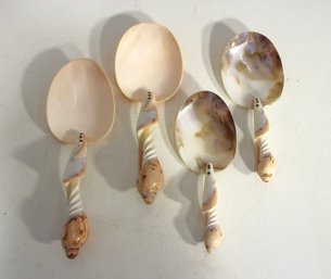 Vintage Hand-Carved Mother Of Pearl Shell Serving Spoons  Set Of 4 (7' & 9')