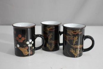 'Set Of 3 Hand-Painted Ceramic Mugs - 4 H - Black With Floral Designs'