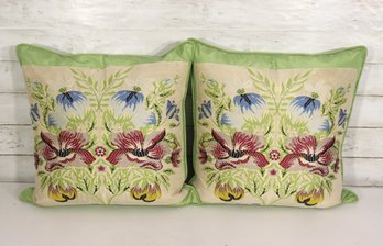 Pair Of Vintage Embroidered Floral Pillows  Green Trim  18' X 18'