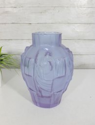 Art Deco Style Frosted Purple Glass Vase  Figural Relief Design  10'H