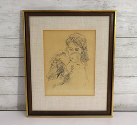 Signed  S. Ecker Drawing Of Mother & Child 1968 Framed