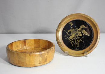 Vintage  Wooden Bowl With Brass And Glass Lid Crack To Lid