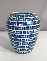 8 Mosaic Glass Tile Vase  Blue Geometric Pattern  Contemporary Art Glass