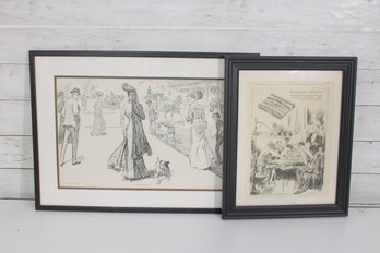 Set Of 2 Framed Vintage-Style Illustration Prints  Fashion & Life Magazine Scene-Size: 15 X 20.5 (including
