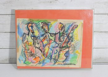 Signed Abstract Expressionist Figural Drawing Framed Colorful Modern Art 11' X 14'